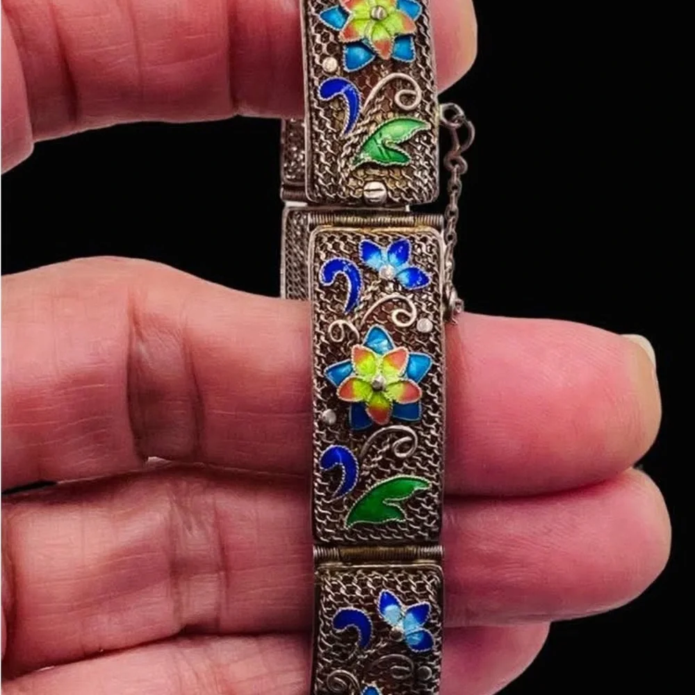 Exquisite Antique Chinese Export Silver Filigree Enamel Bracelet